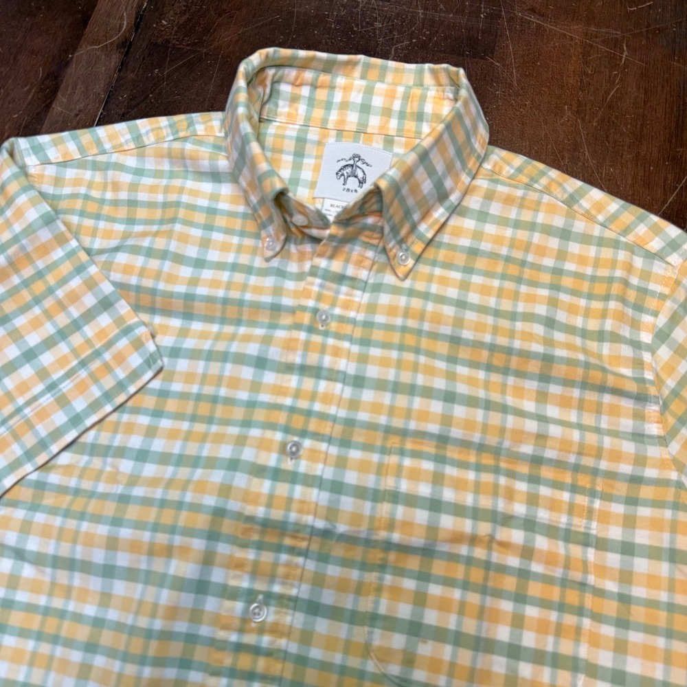 Brooks Brothers Black Fleece Shirt Mens BB3 L Yellow Green Gingham Short Sleeve